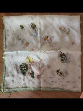 Vintage Floral Scarf in Cream with Green Trim 1950s Retro Chic